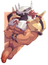 2023 abs anthro armor bandai_namco bottomless clothed clothing cock_ring digimon digimon_(species) erection foreskin genitals green_eyes hi_res horn male male_only muscular muscular_male nipples pecs penis pubes red_hair solo solo_male voviat wargreymon white_background