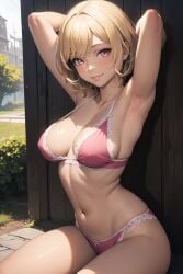 1girls ai_generated armpits arms_behind_head big_breasts bikini blonde_hair busty cleavage jordan53 large_breasts looking_at_viewer navel original pink_eyes pose posing sensual sexy_armpits short_hair smile solo