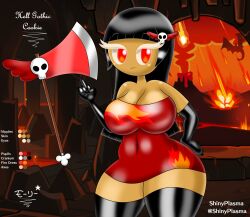 1girls alternate_version_available axe big_breasts black_hair breasts clothed clothed_female cookie_run female female_only goth goth_girl hand_on_hip hell_gothic_cookie long_hair looking_at_viewer middle_finger original original_character red_eyes solo solo_female superstarplasma