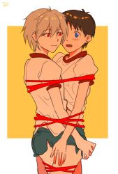 2boys artist_request bondage booty_shorts gay imminent_kiss kaminari kaworu_nagisa male male_only neon_genesis_evangelion restrained shinji_ikari short_shorts shorts side_slit_shorts split_shorts tied tied_together tied_up yaoi