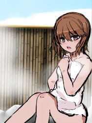 1girls 2020s 2022 ass bare_ass bare_legs bare_shoulders blush brown_eyes brown_hair collarbone completely_nude completely_nude_female day female hi_res hips hot_spring kinuhata_saiai koru3273 light-skinned_female light_skin looking_at_viewer matching_hair/eyes naked_towel nude nude_female onsen open_mouth outdoors rocks short_hair sitting_on_rock sky solo steam to_aru_kagaku_no_railgun to_aru_majutsu_no_index towel towel_only wet