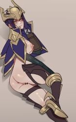 1girls 2023 armor blue_hair blush breasts censor_bar hi_res league_of_legends light-skinned_female light_skin looking_at_viewer lying moumring nipples quinn smile solo yellow_eyes