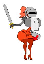 1girls clothed clothed_female dungeons_and_dragons female female_only fire_genasi full_body genasi high_heels holding_shield holding_sword keelgabeytheart knight knight_armor knight_helmet orange_hair panties ponytail shield solo solo_female sword