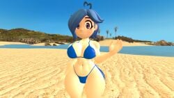 1girls 3d alternate_version_available beach big_breasts bikini blue_hair blush breasts female female_only looking_at_viewer purple_eyes short_hair smg4 smile solo solo_female swimsuit tari_(smg4) thhypercombine