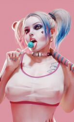 1girls 3d batman_(series) blonde_hair blue_nail_polish color dc dc_comics earring female female_focus female_only fugtrup fully_clothed harley_quinn heart injustice_2 lollipop looking_at_viewer mouth_open nail_polish nipple_piercing nipples nipples_visible_through_clothing piercing saliva solo solo_focus tattoo tattoos
