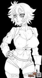 1girls big_breasts breasts busty character_request child_bearing_hips cleavage erect_nipples_under_clothes hand_on_hip large_breasts legs midriff moekaki monochrome open_jacket pants pose posing puckered_lips shirt short_hair smile thick_thighs thighs