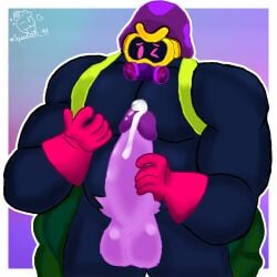 1boy brawl_stars cordelius_(brawl_stars) cum gas_mask gloves inviting leaking_cum male_only masturbating masturbating_during_fellatio masturbation muscular muscular_male naked purple_penis red_gloves solo solo_male squeaksito uncensored watermark wink