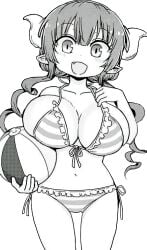 1girls ball beachball big_breasts breasts busty cleavage drill_hair female female_only highres ilulu_(dragon_maid) kobayashi-san_chi_no_maidragon large_breasts legs looking_at_viewer monochrome navel official_art open_mouth smile solo swimsuit thighs twin_drills