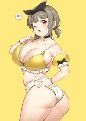 1girls big_ass big_breasts bikini boobs_and_butt_pose choker female grey_hair looking_at_viewer love_live! love_live!_nijigasaki_high_school_idol_club nakasu_kasumi pink_eyes spoken_heart tem10 twintails wink winking_at_viewer yellow_background yellow_bikini