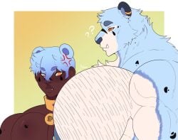 2boys bara big_chest big_pecs blue_fur blue_hair blue_nipples dark-skinned_male fangs father_and_son furry gay huge_chest hybrid male_only muscular muscular_male pecs teeth_showing yearningyams