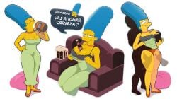 1girls beer beer_bottle beer_mug big_breasts blue_hair bra cleavage eyebrows eyelashes female gosgoz grabbing_breasts grabbing_from_behind groping large_breasts marge_simpson milf multiple_boys panties pearl_necklace spanish_text speech_bubble text text_bubble the_simpsons thick_thighs thighs white_background wide_hips yellow_body yellow_skin