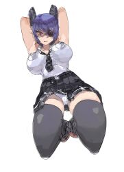 big_breasts brickshoes eyepatch hands_behind_head kantai_collection necktie necktie_between_breasts non_nude panties tenryuu_(kantai_collection) thighhighs