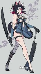 alternate_costume bandages black_hair eye_patch facial_scar female female_only flower_in_hair fromsoftware full_body garter genderswap_(mtf) gloves high_heels kaine_(nier)_(cosplay) kemonomimi looking_at_viewer medium_breasts panties red_eyes red_hair rule_63 scars sekiro sekiro:_shadows_die_twice short_hair sinzui solo standing thigh_strap two_tone_hair underboob weapon white_panties wolf_ears wolf_girl wolf_tail