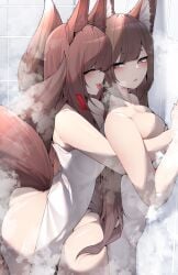 2girls against_wall akagi_(azur_lane) amagi_(azur_lane) animal_ears ass azur_lane blush breasts brown_hair incest long_hair multiple_girls purple_eyes red_eyes samip shower showering smile steam towel yuri