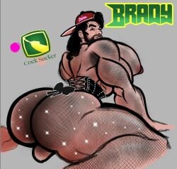 1boy bara bara_tiddies bara_tits big_ass big_chest big_pecs brady_(psbaradungeon) corset fishnets gay huge_ass long_hair male_only presenting_hindquarters psbaradungeon solo_male