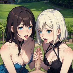 2girls ai_generated amandine_weisshorn blonde_hair blue_eyes brown_hair dress enjuuji faceless_character freckles freckles_on_face grabbing_penis green_grass lauran_hesselberg meadow original penis penis_grab plant saliva tongue tongue_out vineyard