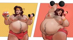 1boy arousal aroused balls_bulge bara bera_dez bhm big_belly big_chest brown_hair commission dumbbell erect_penis erection hairy_belly hairy_chest headband huge_belly huge_chest ice_cream ice_cream_cone long_hair male_only pecs ripping_clothing sundae weight weight_gain wristband