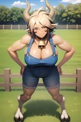 1girls ai_generated animal_ears animal_legs animal_tail armpits big_breasts bovine breasts cathyl_(monster_musume) cleavage cow_bell cow_ears cow_girl cow_horns cow_tail female_minotaur furr_app horns huge_breasts looking_at_viewer minotaur minotaur_girl monster monster_girl monster_musume_no_iru_nichijou ranch_girl solo solo_female tomboy