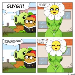 crossover english_text female green_skin maau male marigold_(pvz) motoanexo one_coin peashooter_(pvz) plant plant_girl plantie plants_vs_zombies sdlg text wall-nut_(pvz)