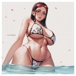 ai_generated belly_button big_breasts bikini bikini_bottom bikini_top black_hair curvy eyewear_on_head female female_only huge_breasts large_breasts nico_robin one_piece post-timeskip prixmal stomach sunglasses sunglasses_on_head thick_thighs underboob wet wet_body wide_hips