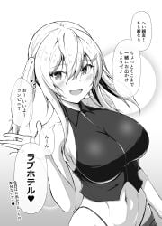 1girls big_breasts breasts busty denim female female_only heart highres japanese_text jeans kasabuta9500 large_breasts midriff monochrome navel open_mouth original pants sideboob smile solo thong toned translation_request twintails voluptuous