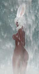 3d ass ass_focus bunny_ears dark-skinned_female dark_skin dat_ass female female_only final_fantasy_xiv fog green_eyes highres nude original_character plottingvendetta rabbit_ears solo solo_female square_enix viera waterfall wet_body wet_skin white_hair