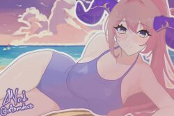 1girls alternate_costume bare_thighs beach breasts cleavage female female_focus female_only fire_emblem fire_emblem_engage fire_emblem_heroes horns kiran_(fire_emblem) large_breasts long_hair looking_at_viewer nerthuz_(fire_emblem) nintendo ocean on_side one-piece_swimsuit outdoors pink_hair ponytail purple_eyes rotomdocs smile solo solo_focus sommie_(fire_emblem) sunset swimsuit thighs