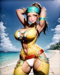 1girls ai_generated armpits arms_behind_head big_breasts black_hair busty colombian_female dark-skinned_female female female_only king_of_fighters large_breasts legs navel pose posing sensual sexy_armpits smile snk solo stable_diffusion thighs voluptuous zarina_(kof)