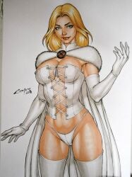 big_breasts blonde_hair blue_eyes breasts cape carlos_braga cleavage corset elbow_gloves emma_frost female female_only fur_cape hellfire_club lingerie lingerie_only marvel marvel_comics panties thick_thighs thighhighs white_queen x-men