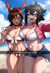 2girls beach bikini bikini_top black_hair brown_hair bunny_ears multiple_girls orange_eyes original original_character purple_eyes rageman709 selfie smile