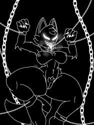 animal_ears anthro arms_up artist_name black_background black_fur body_fur bondage bound bound_wrists breasts breath chains claw_pose claws collar completely_nude cuffs fangs female female_only full_body furry furry_female glowing glowing_eyes greyscale hands_up happy large_breasts looking_at_viewer monochrome navel nipples nude oc open_mouth outline pussy saliva shackles sharp_teeth signature simple_background skwid smile solo spikes spread_legs steam stomach tail teeth thick_thighs thighs tongue tongue_out wide_hips wolf_ears wolf_girl wolf_tail