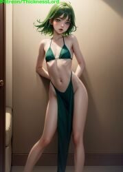 1girls ai_generated alternate_costume belly_button bikini bikini_top blush curvy exposed_torso female female_focus female_only flat_chest flat_chested green_eyes green_hair highres looking_at_viewer one-punch_man revealing_clothes shiny_skin short_hair skinny small_body small_breasts small_waist solo solo_female solo_focus stable_diffusion tatsumaki thicknesslord watermark