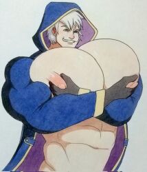 1boy abs bara bara_tiddies bara_tits big_chest big_pecs character_request cloak cnb2804 gay hooded_cloak huge_chest huge_pecs male_only muscular muscular_male pinching_nipples pink_nipples solo_male squeezing_nipples white_hair