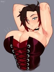 absurdres alternate_breast_size armpits arms_behind_head arms_up artist_name big_breasts black_hair breasts choker cleavage corset female gradient_hair grey_background grey_eyes highres huge_breasts laced_corset looking_at_viewer mature_female milf multicolored_hair nezulet red_hair ruby_rose rwby seductive_smile short_hair simple_background smile smug smug_grin solo upper_body