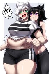 2girls belly belly_grab big_breasts black_hair blush chubby chubby_female fangs green_eyes melissa_(rageman709) multiple_girls original original_character purple_eyes rageman709 smile text white_hair