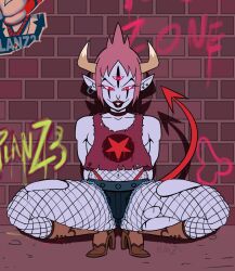 choker collar demon demon_horns demon_tail ear_piercing earrings eyebrows eyelashes eyeliner eyeshadow femboy fishnets high_heel_boots high_heels horns lipstick looking_at_viewer male male_only monster_femboy navel planz34 purple_body purple_skin solo solo_focus solo_male star_vs_the_forces_of_evil thick_thighs thighs thong tom_lucitor