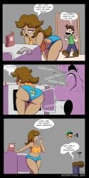 3koma ass bending_over comic corythec dark-skinned_female dialogue english_text fainting female gameplay_mechanics indoors luigi male mario_(series) panties princess_daisy print_panties speech_bubble super_mario_bros. text