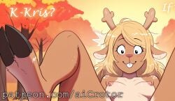 ai_generated aicrotor autumn comic cute deer deer_girl deltarune festival hooves noelle_holiday small_breasts spreading_legs surprised wholesome