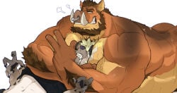 2022 bara beard big_muscles brown_beard brown_hair claws duo furry grey_body head_on_pecs hyena male muscular nose_piercing saltypoundcake size_difference smile tan_body tan_hair wild_boar