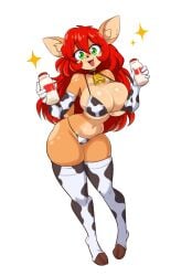 1girls big_breasts breasts cleavage cow_print cow_print_bikini cowbell deer_girl female furry green_eyes huge_breasts lucyfercomic red_hair solo_female tagme thick_thighs thighs wide_hips