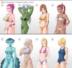 8girls big_breasts bikini blonde_hair blue_eyes breast_size_difference breasts brown_hair elf elf_ears gerudo great_fairy green_skin impa impa_(ocarina_of_time) malon nabooru nightchaser_studio nintendo ocarina_of_time princess_ruto princess_zelda red_eyes sheik small_breasts swimsuit the_legend_of_zelda toned toned_female twinrova yellow_eyes zelda_(ocarina_of_time) zora
