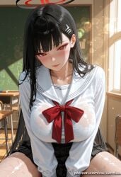1girl ai_generated bangs black_hair black_skirt blue_archive blush bow bowtie breasts classroom collarbone desk hair_ornament hairclip halo heart-shaped_pupils indoors kermixx large_breasts long_hair long_sleeves looking_at_viewer parted_lips pleated_skirt red_bow red_eyes rio_(blue_archive) sailor_collar school_uniform serafuku shirt sitting skirt smile solo sweat wet white_shirt