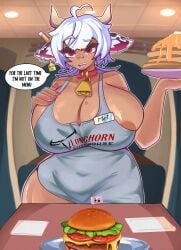 apron areola big_breasts boobs cow_ears cow_girl cow_horns food mommy mommy_milkers nipples nyekomei red_eyes tan_body tan_skin tits tits_bigger_than_head uniform white_hair womb_tattoo