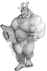 annoyed annoyed_expression annoyed_face anthro anthro_male asgore_dreemurr asgore_dreemurr_(deltarune) bara beard big_bulge black_and_white bulge chest_hair chest_tuft coffee_mug dilf goat_humanoid horns long_ears long_hair long_hair_male male male_anthro muscles muscular muscular_anthro muscular_male necronomikun newspaper onomatopoeia penis_outline reading_newspaper sweatpants tank_top tanktop throb throbbing_penis undertale undertale_(series)