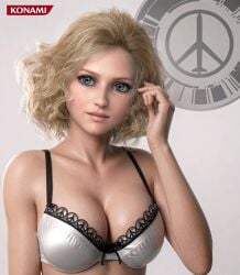 1girls ai_assisted ai_generated blonde_hair blue_eyes eyelashes eyeshadow konami large_breasts metal_gear_solid metal_gear_solid_peace_walker official_art paz_ortega_andrade peace_symbol photorealistic portrait realistic realistic_textures white_bra