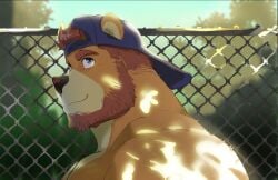 2026 bara beard cap derek_honnington_(saltypoundcake) detailed_background furry hat male muscular red_beard saltypoundcake solo yellow_body yellow_fur