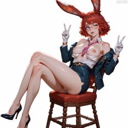 ai_generated animal_ears aurora_(league_of_legends) bare_shoulders belt between_breasts black_footwear black_jacket blue_eyes blue_jacket blue_skirt blush bra bra_pull bracelet breasts breasts_out chair clothes_pull collarbone collared_shirt crossed_legs double_v earrings full_body glasses gloves hands_up high_heels jacket jewelry legs lips long_sleeves looking_at_viewer medium_breasts miniskirt mouth_hold necktie necktie_between_breasts nipples off_shoulder on_chair one_eye_closed open_clothes open_jacket open_shirt panties pantyshot pencil_skirt rabbit_ears rabbit_girl rabbit_tail red_hair rimless_eyewear round_eyewear shirt short_hair simple_background sitting skirt smile solo tail toe_cleavage underwear upskirt v watch white_background white_bra white_gloves white_panties white_shirt