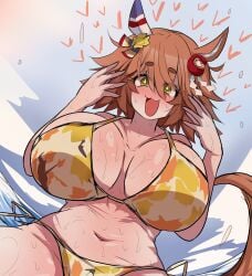 1girl :3 :d aroused beach bikini blush breasts female heart horny horny_female huge_breasts in_heat in_love legs_apart matikanefukukitaru_(umamusume) naughty_face solo sparkling_eyes sunset tummy umamusume