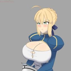 1girls about_to_burst about_to_pop ahoge armor armor_removed artoria_pendragon barely_contained barely_contained_breasts big_breasts blonde_female blonde_hair blue_dress blue_ribbon blush blushing button_down_shirt button_gap chestplate digital_drawing_(artwork) digital_media_(artwork) embarrassed fate_(series) green_eyes imminent_wardrobe_malfunction kawaiiredpandas massive_breasts non_nude pouting pouting_at_viewer saber safe_for_work solo_female stretched_clothing tagme