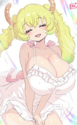 1girl blush breasts covering_crotch curvy cute female gigantic_breasts lucoa lucoa_(maidragon) miss_kobayashi's_dragon_maid open_mouth ozrereresan quetzalcoatl_(dragon_maid) signature smile solo thick_thighs upper_teeth upper_teeth_only voluptuous white_dress wide_hips wind_lift